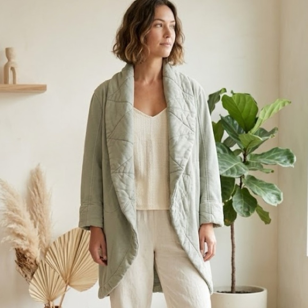 🔴Young Fabulous & Broke Quilted Sage Green Open Front Cardigan Jacket S/M